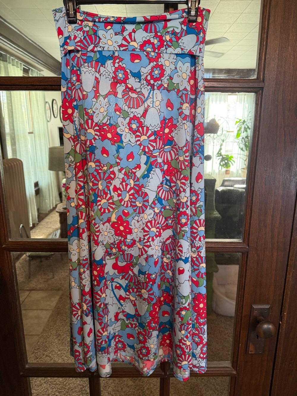 LuLaRoe Azure Maxi Skirt XS Blue Red Floral Retro Daisy Fold Over Waistband‎